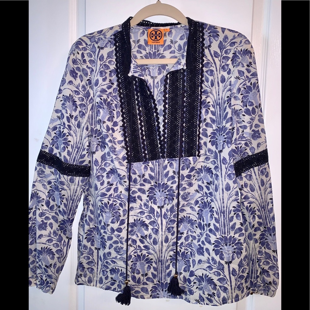 Tory Burch Gracelynn Blue Tunic Top with Tassels 8